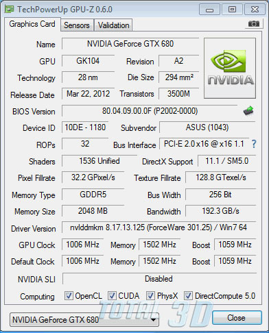 Скриншот утилиты GPU-Z GeForce GTX 680