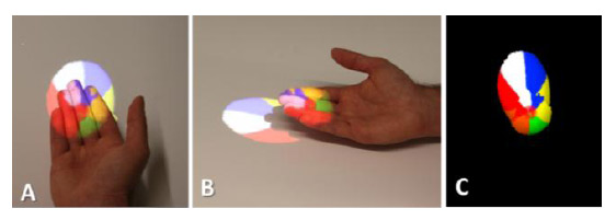 виртуальный мячик корректно отображается в руке пользователя, несмотря на то, что проецируется на несколько различных поверхностей одновременно (рука и стол)